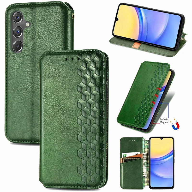 For Samsung Galaxy A15 4G / A15 5G PU Leather Case Rhombus Imprint Wallet Stand Phone Cover - Green