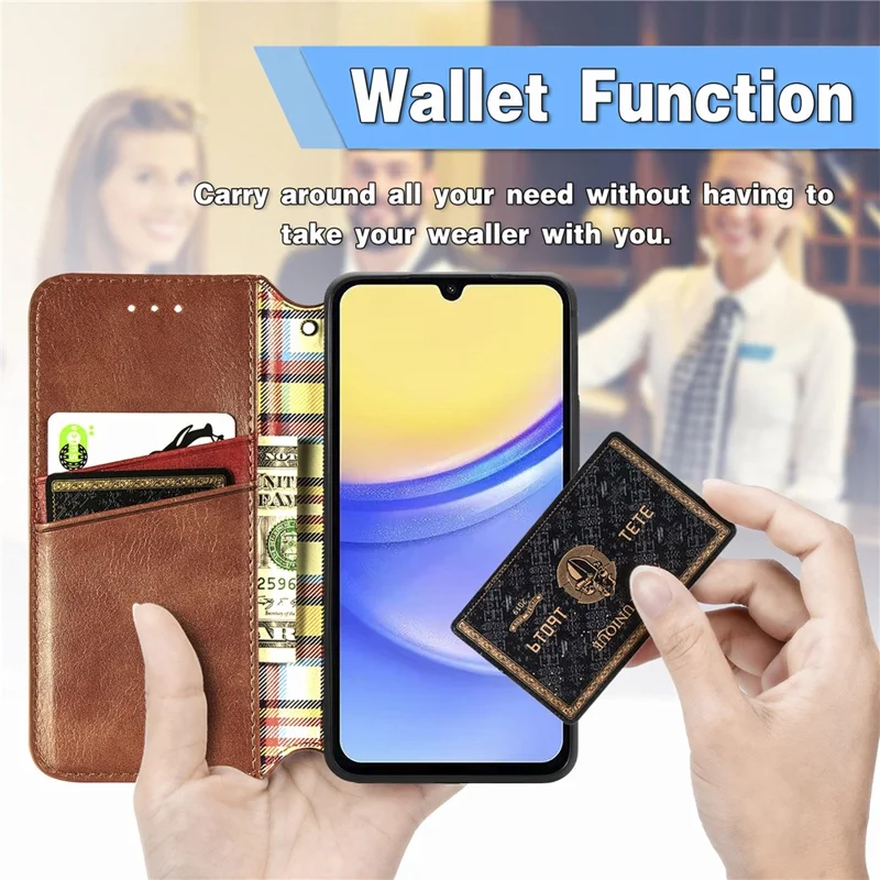 Für Samsung Galaxy A15 4G / A15 5G stoßfestes Gehäuse Rhombus geprägtes Brieftasche Ständer Handyhülle - Braun