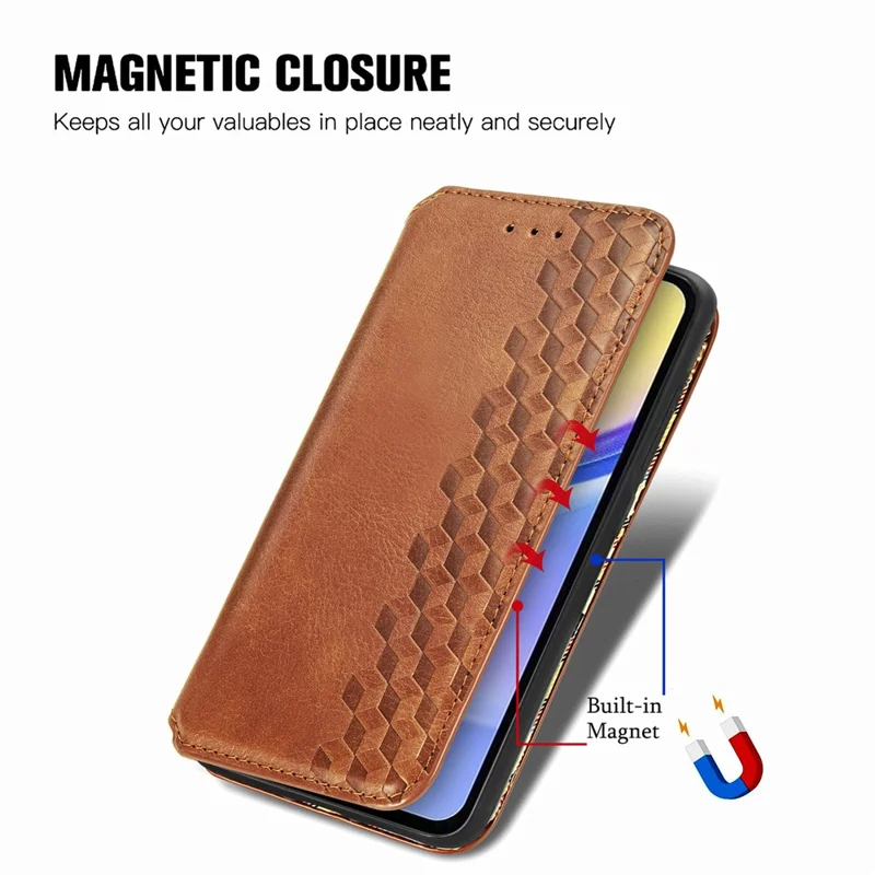 Für Samsung Galaxy A15 4G / A15 5G stoßfestes Gehäuse Rhombus geprägtes Brieftasche Ständer Handyhülle - Braun