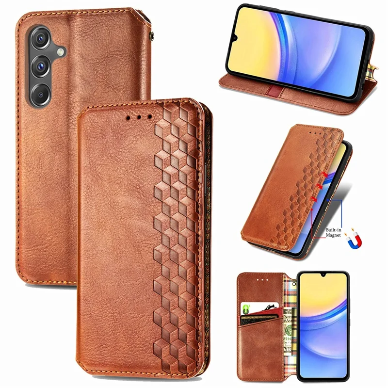 Für Samsung Galaxy A15 4G / A15 5G stoßfestes Gehäuse Rhombus geprägtes Brieftasche Ständer Handyhülle - Braun