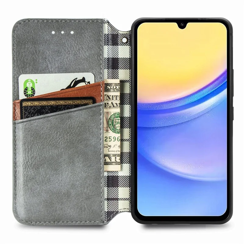 For Samsung Galaxy A15 4G / A15 5G PU Leather Case Rhombus Imprint Wallet Stand Phone Cover - Grey