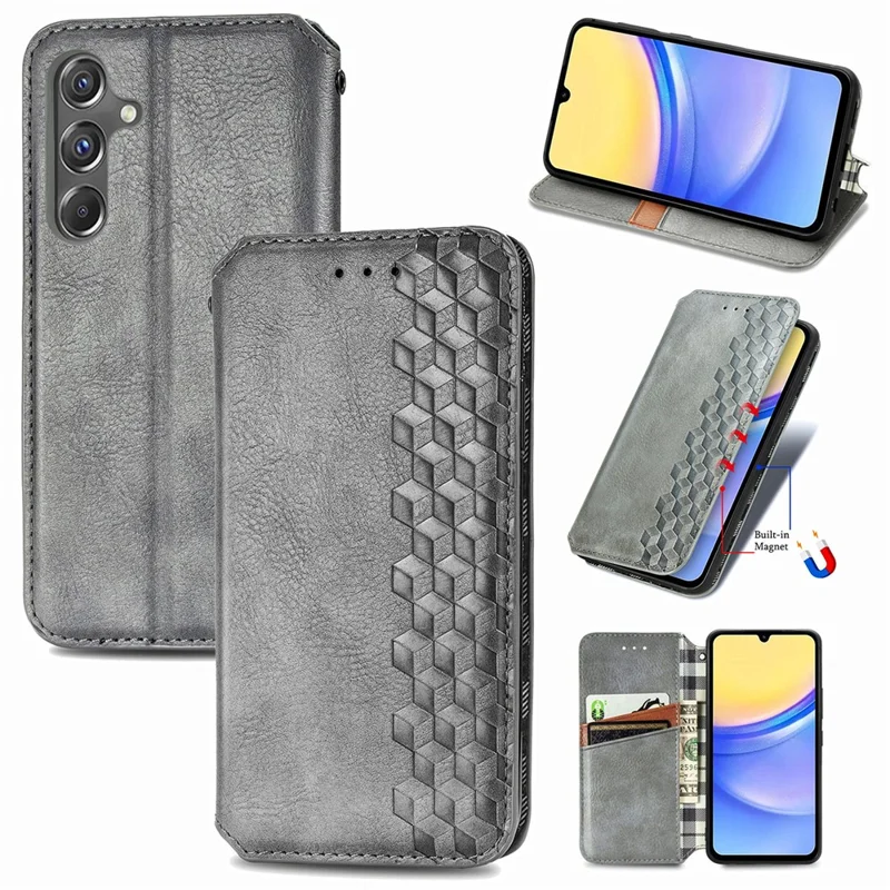 For Samsung Galaxy A15 4G / A15 5G PU Leather Case Rhombus Imprint Wallet Stand Phone Cover - Grey