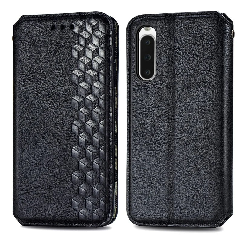 For Sony Xperia 10 V PU Leather Case Rhombus Imprint Wallet Stand Phone Cover - Black