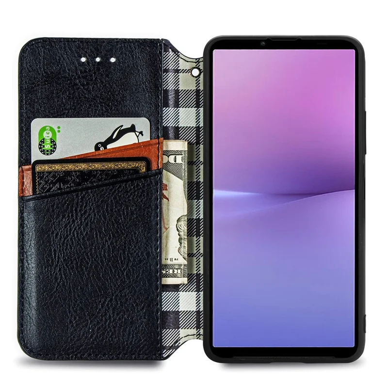 For Sony Xperia 10 V PU Leather Case Rhombus Imprint Wallet Stand Phone Cover - Black