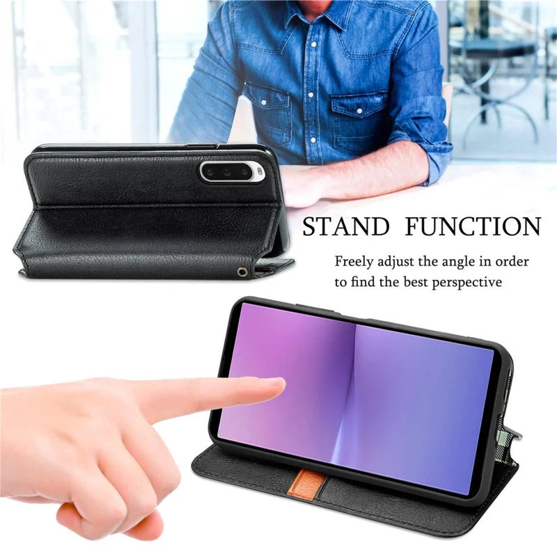 For Sony Xperia 10 V PU Leather Case Rhombus Imprint Wallet Stand Phone Cover - Black