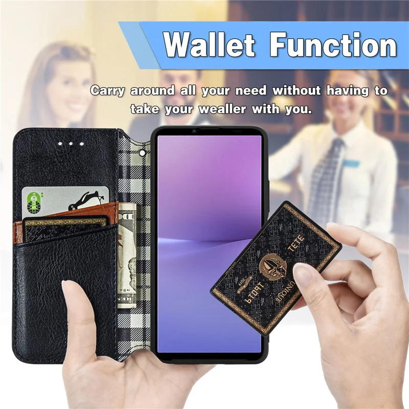 For Sony Xperia 10 V PU Leather Case Rhombus Imprint Wallet Stand Phone Cover - Black