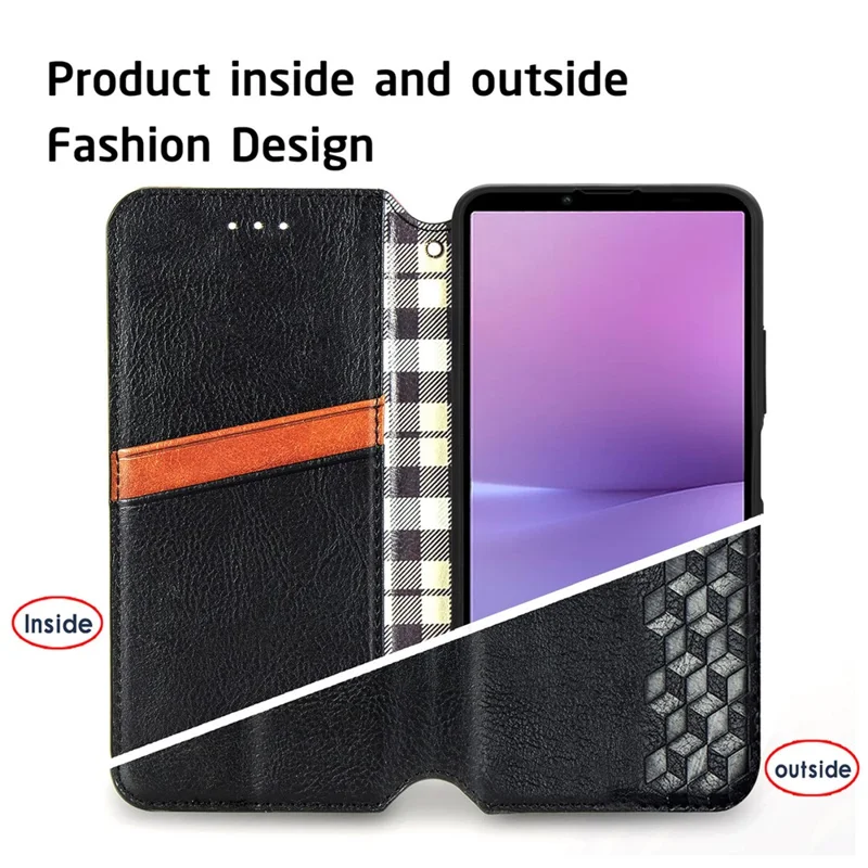 For Sony Xperia 10 V PU Leather Case Rhombus Imprint Wallet Stand Phone Cover - Black
