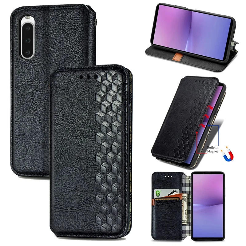 For Sony Xperia 10 V PU Leather Case Rhombus Imprint Wallet Stand Phone Cover - Black
