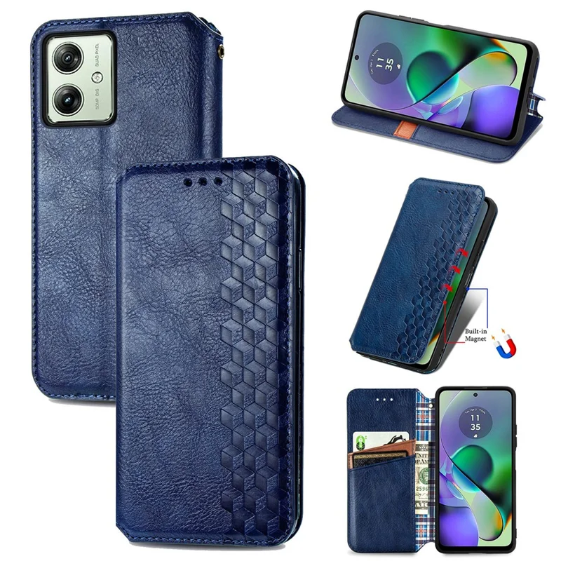 Per Motorola Moto G54 5G Custodia Stampata in Pelle a Rombo Custodia Portafoglio per Telefono - Blu