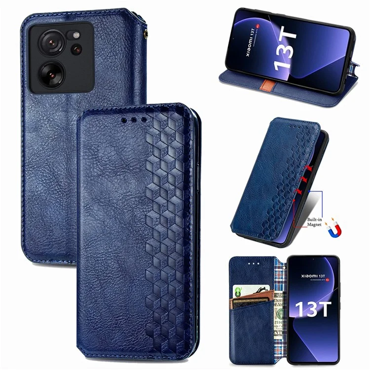 Чехол для телефона Xiaomi 13T / 13T Pro / Redmi K60 Ultra с тисненым ударопрочным чехлом из искусственной кожи на подставке - синий