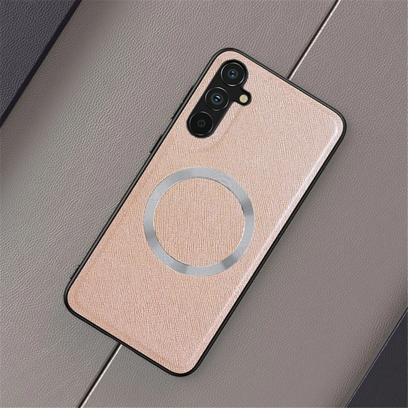 For Samsung Galaxy A15 4G / 5G Magnetic Case Cross Texture Leather Coated TPU Phone Cover - Gold