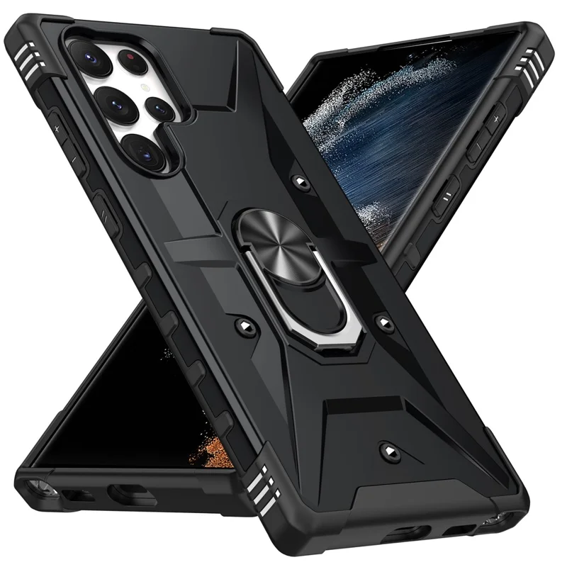 For Samsung Galaxy S24 Ultra Case PC+ TPU Hybrid Phone Cover with Ring Holder Kickstand - Black