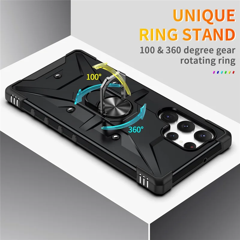 For Samsung Galaxy S24 Ultra Case PC+ TPU Hybrid Phone Cover with Ring Holder Kickstand - Black