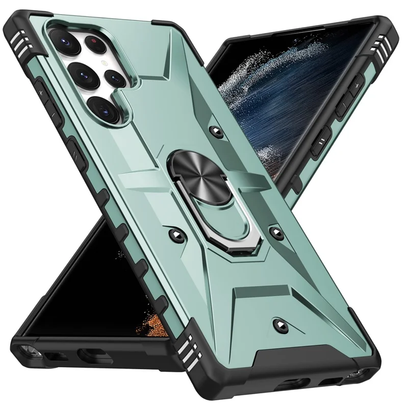 Для Samsung Galaxy S24 Ultra Case PC + TPU гибридный чехол для телефона с кольцом-держателем и подставкой - темно-зеленый