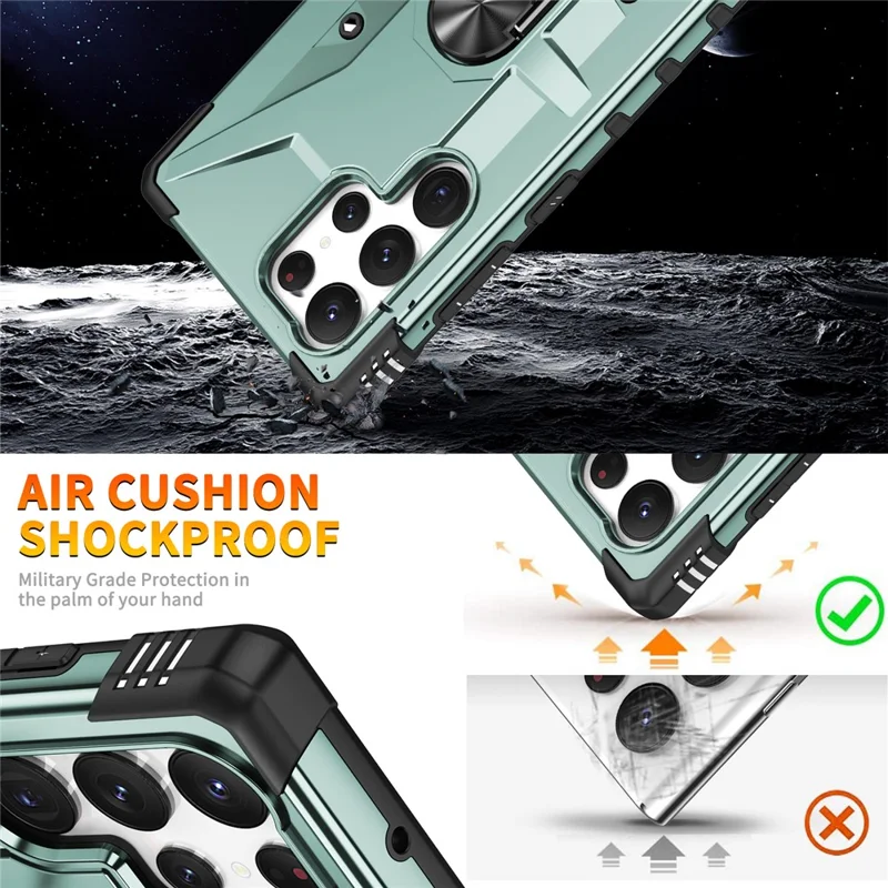 Для Samsung Galaxy S24 Ultra Case PC + TPU гибридный чехол для телефона с кольцом-держателем и подставкой - темно-зеленый