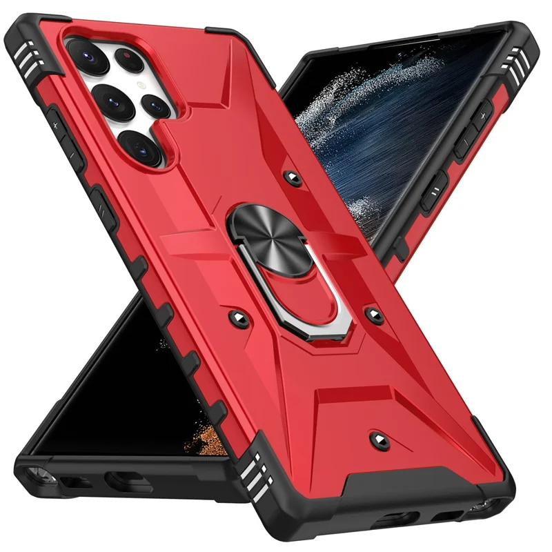 For Samsung Galaxy S24 Ultra Case PC+ TPU Hybrid Phone Cover with Ring Holder Kickstand - Red