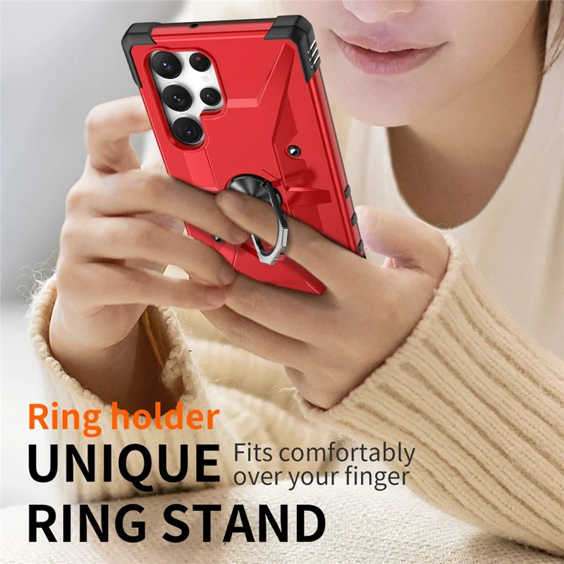 For Samsung Galaxy S24 Ultra Case PC+ TPU Hybrid Phone Cover with Ring Holder Kickstand - Red