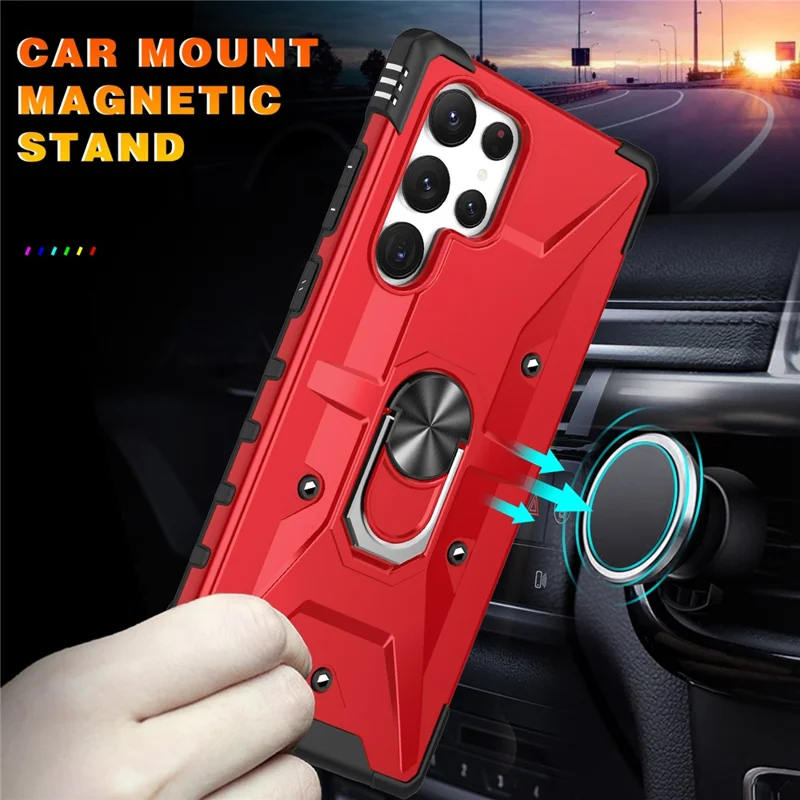 For Samsung Galaxy S24 Ultra Case PC+ TPU Hybrid Phone Cover with Ring Holder Kickstand - Red