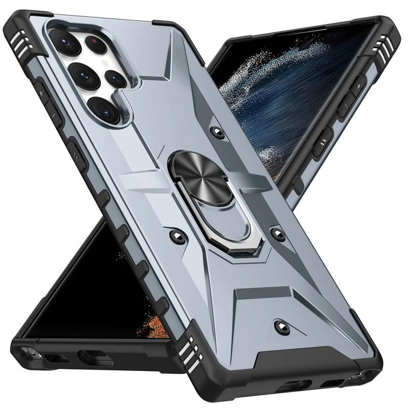 For Samsung Galaxy S24 Ultra Case PC+ TPU Hybrid Phone Cover with Ring Holder Kickstand - Grey