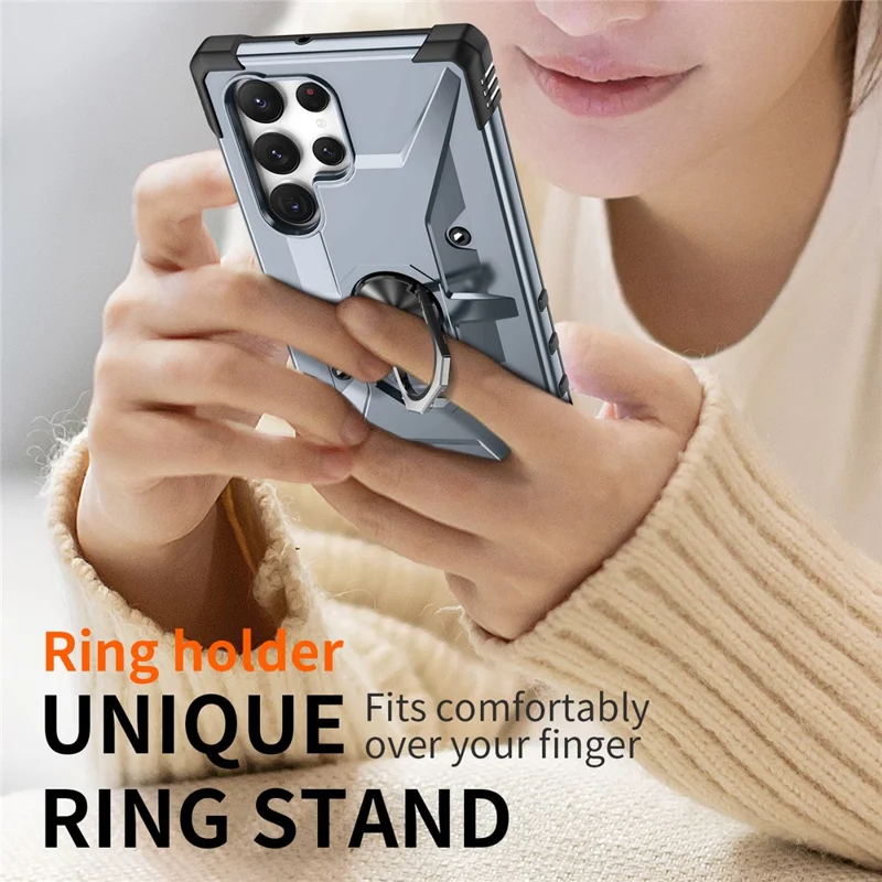 For Samsung Galaxy S24 Ultra Case PC+ TPU Hybrid Phone Cover with Ring Holder Kickstand - Grey