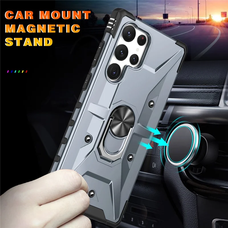 For Samsung Galaxy S24 Ultra Case PC+ TPU Hybrid Phone Cover with Ring Holder Kickstand - Grey