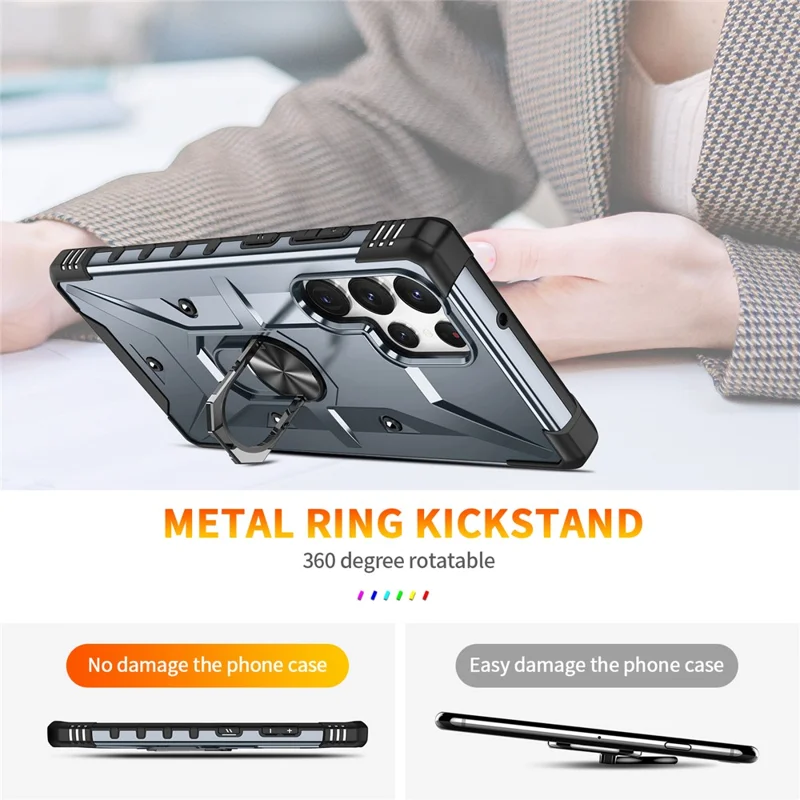For Samsung Galaxy S24 Ultra Case PC+ TPU Hybrid Phone Cover with Ring Holder Kickstand - Grey