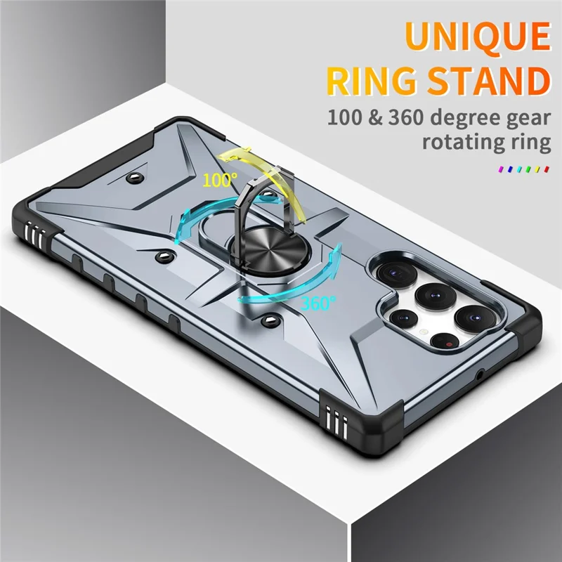 For Samsung Galaxy S24 Ultra Case PC+ TPU Hybrid Phone Cover with Ring Holder Kickstand - Grey