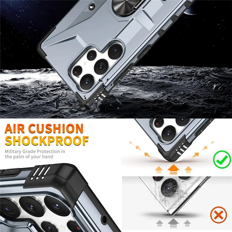 For Samsung Galaxy S24 Ultra Case PC+ TPU Hybrid Phone Cover with Ring Holder Kickstand - Grey