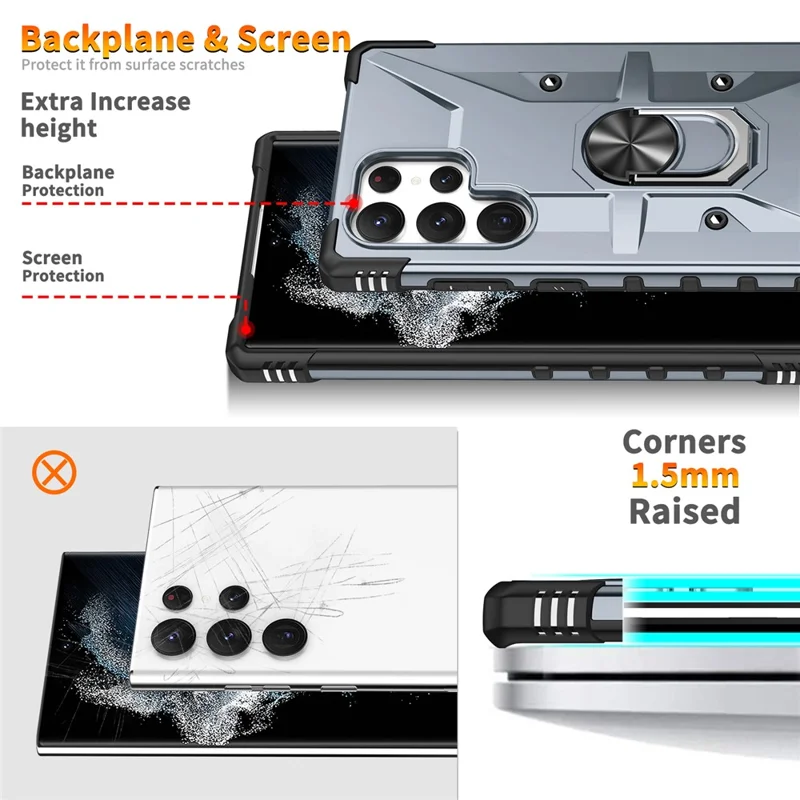 For Samsung Galaxy S24 Ultra Case PC+ TPU Hybrid Phone Cover with Ring Holder Kickstand - Grey