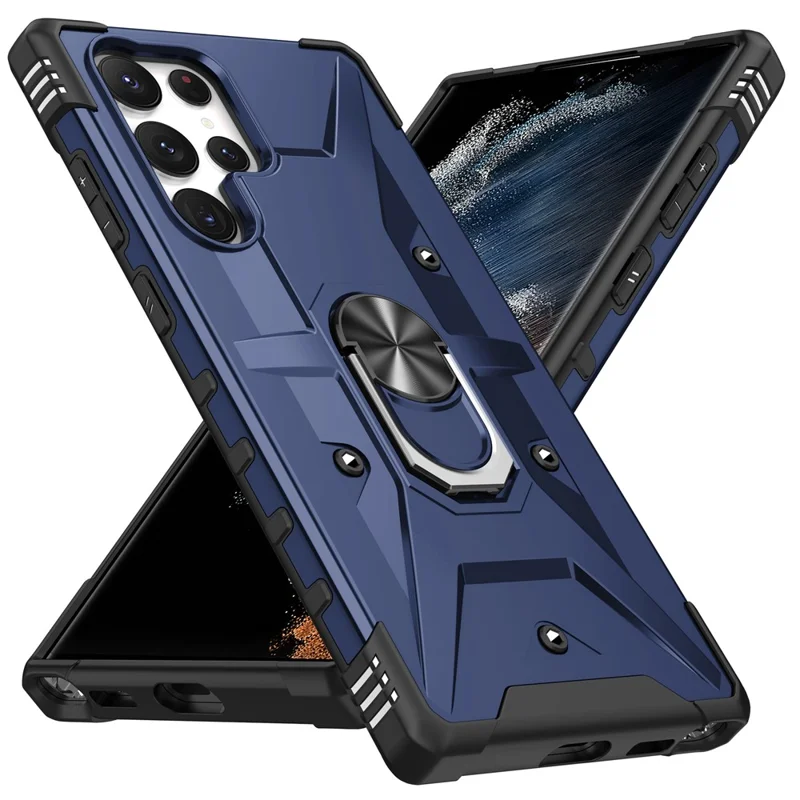 Per Samsung Galaxy S24 Ultra Case PC + TPU Hybrid Phone Cover con supporto ad anello e supporto - Blu