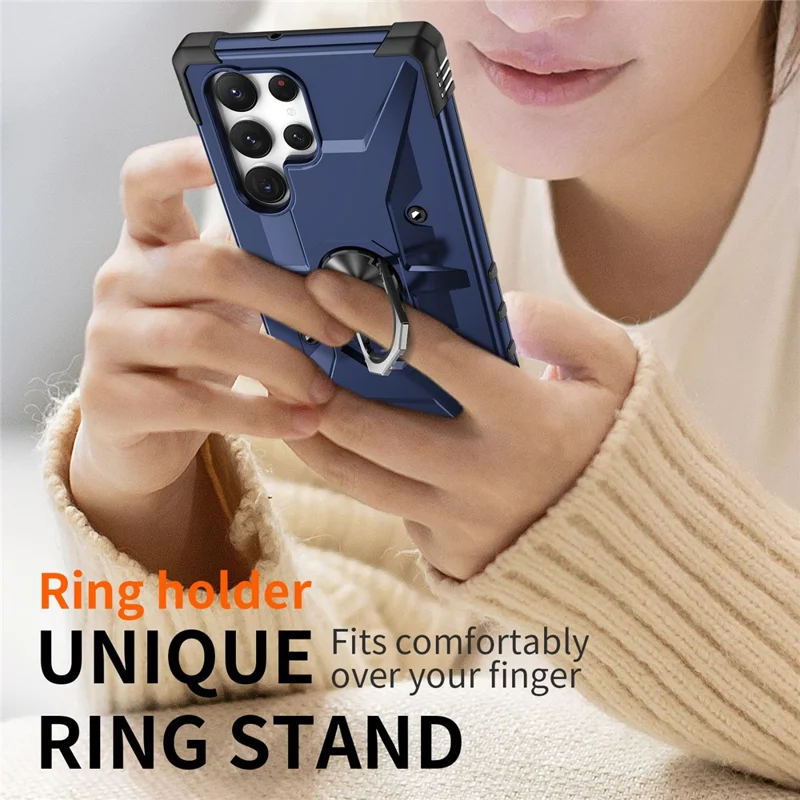 Per Samsung Galaxy S24 Ultra Case PC + TPU Hybrid Phone Cover con supporto ad anello e supporto - Blu