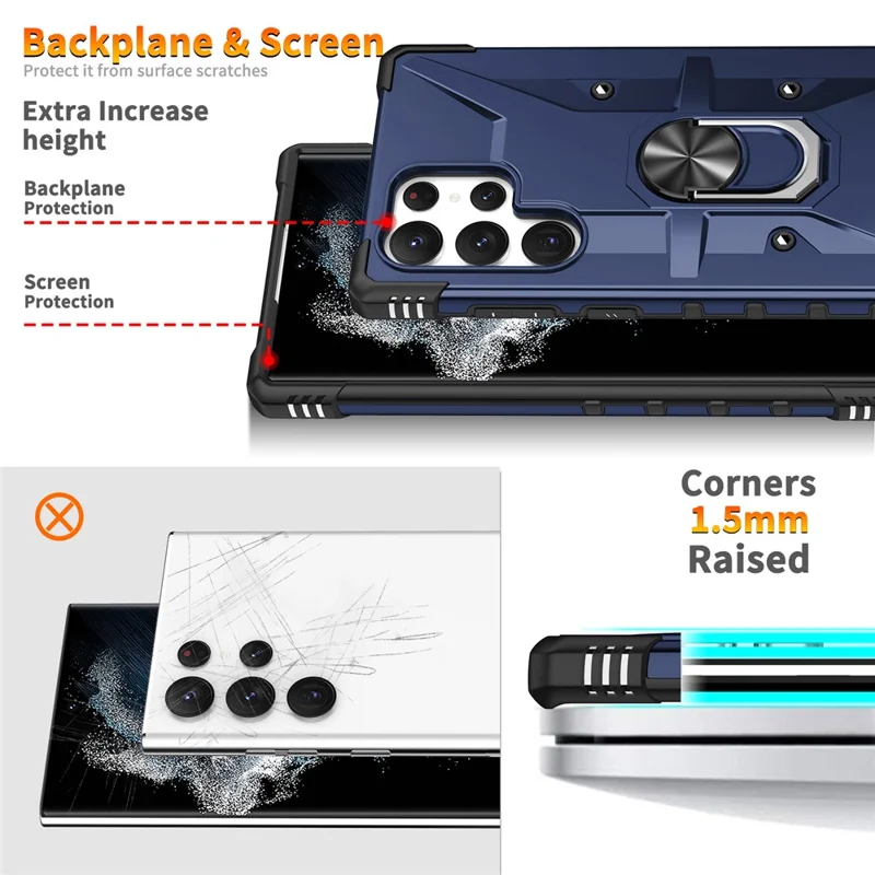 Per Samsung Galaxy S24 Ultra Case PC + TPU Hybrid Phone Cover con supporto ad anello e supporto - Blu