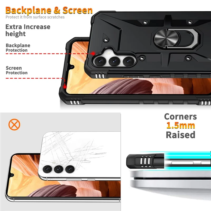 For Samsung Galaxy A15 4G / 5G Case Rotation Ring Kickstand PC+ TPU Phone Cover - Black