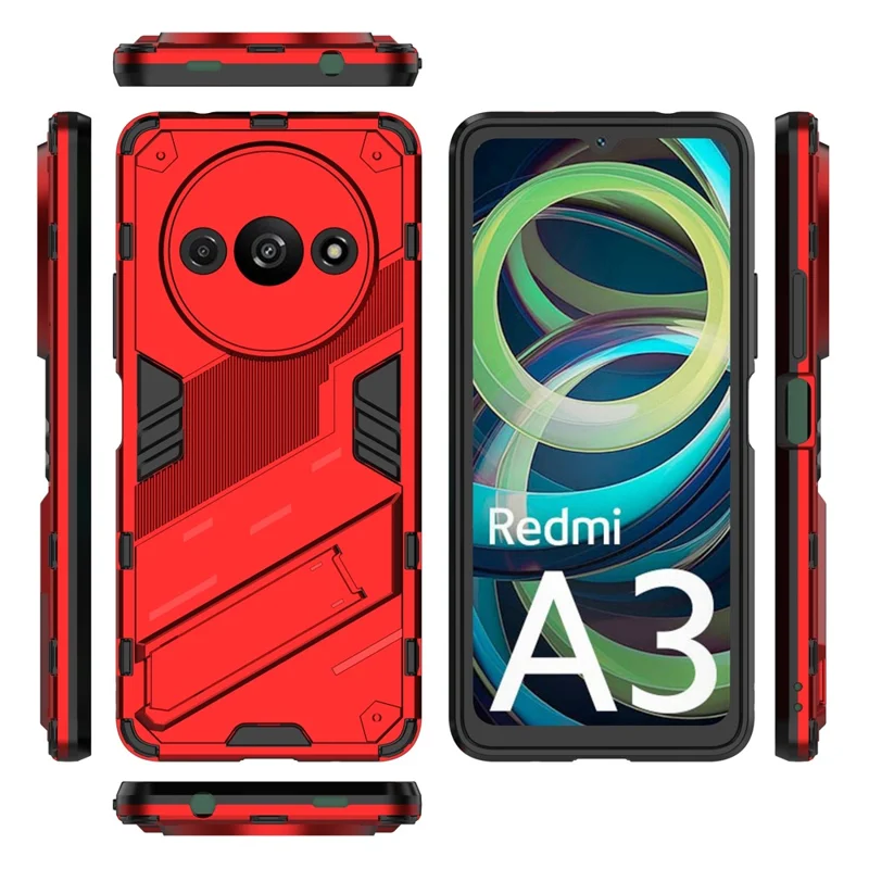 For Xiaomi Redmi A3 / Poco C61 4G Phone Cover PC+TPU Dual-Layer Protection Case Built-in Kickstand - Red