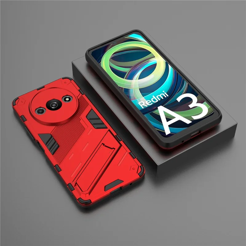 For Xiaomi Redmi A3 / Poco C61 4G Phone Cover PC+TPU Dual-Layer Protection Case Built-in Kickstand - Red