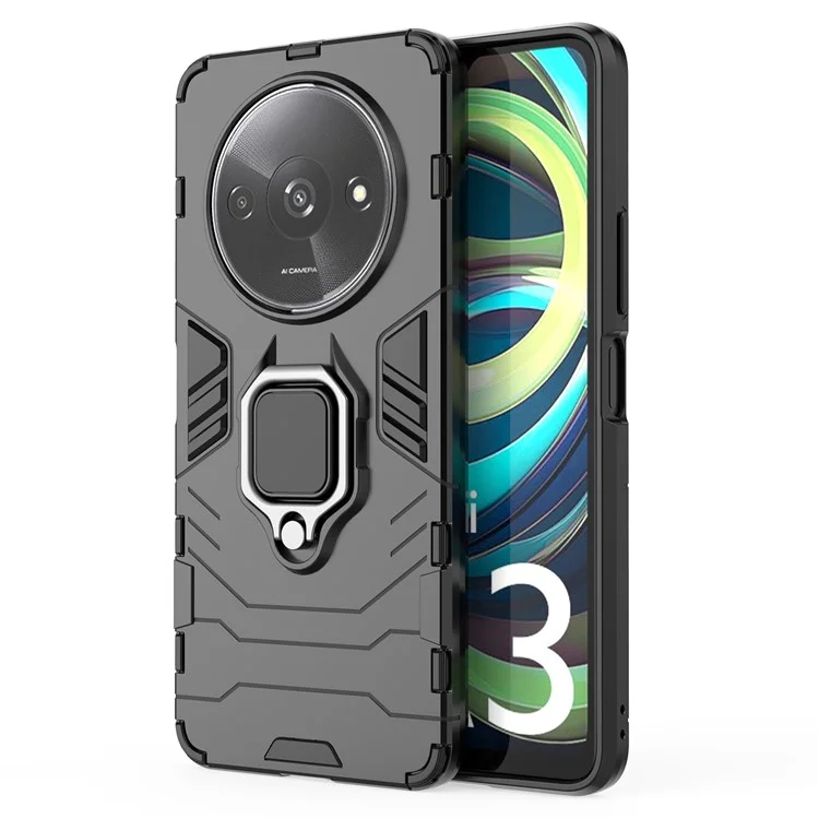 Para Xiaomi Redmi A3 4G / Poco C61 4G Case Dual-Layer PC+TPU Armor Phone Cover Ring Holder Kickstand - Preto