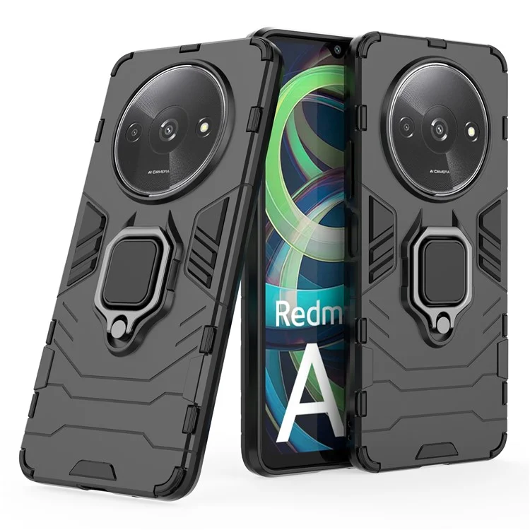 Para Xiaomi Redmi A3 4G / Poco C61 4G Case Dual-Layer PC+TPU Armor Phone Cover Ring Holder Kickstand - Preto