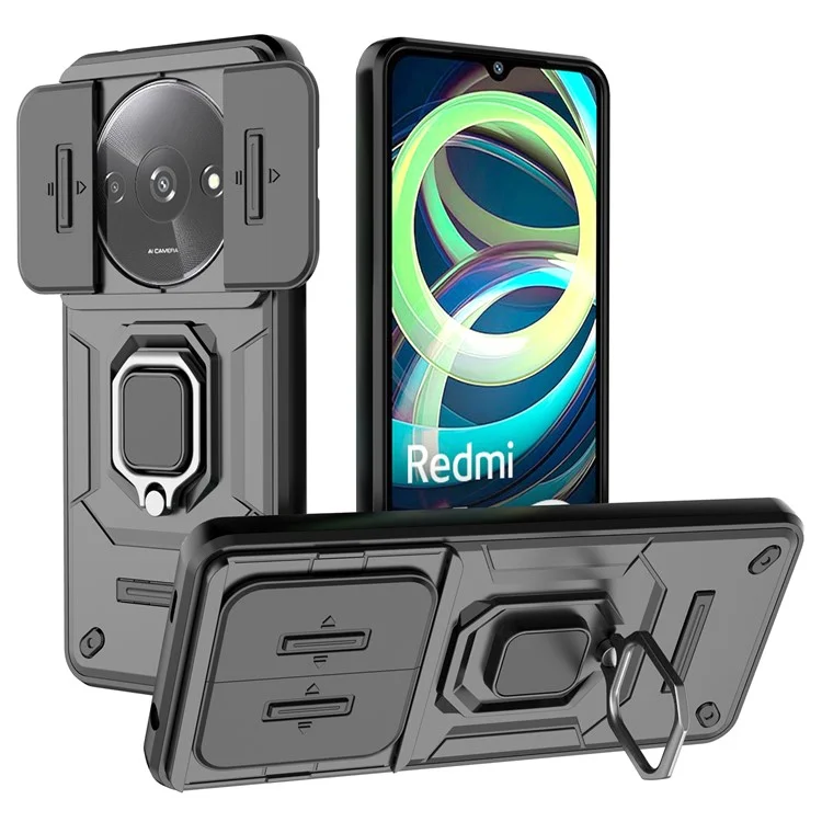 Per Xiaomi Redmi A3 4G / Poco C61 4G Case con Cover Scorrevole per Fotocamera Anello di Supporto PC+TPU Guscio Protettivo per Telefono - Nero