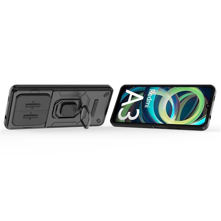 Per Xiaomi Redmi A3 4G / Poco C61 4G Case con Cover Scorrevole per Fotocamera Anello di Supporto PC+TPU Guscio Protettivo per Telefono - Nero