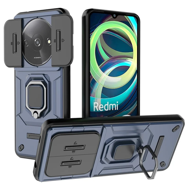 For Xiaomi Redmi A3 4G / Poco C61 4G Case with Slide Camera Cover Ring Kickstand PC+TPU Phone Shell Protector - Blue