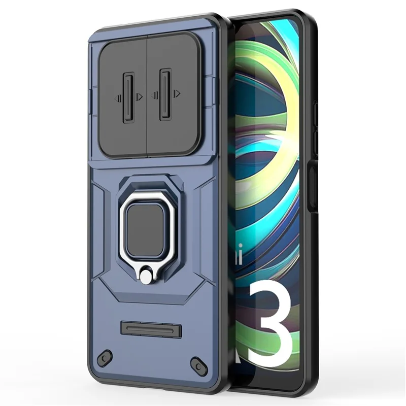 For Xiaomi Redmi A3 4G / Poco C61 4G Case with Slide Camera Cover Ring Kickstand PC+TPU Phone Shell Protector - Blue