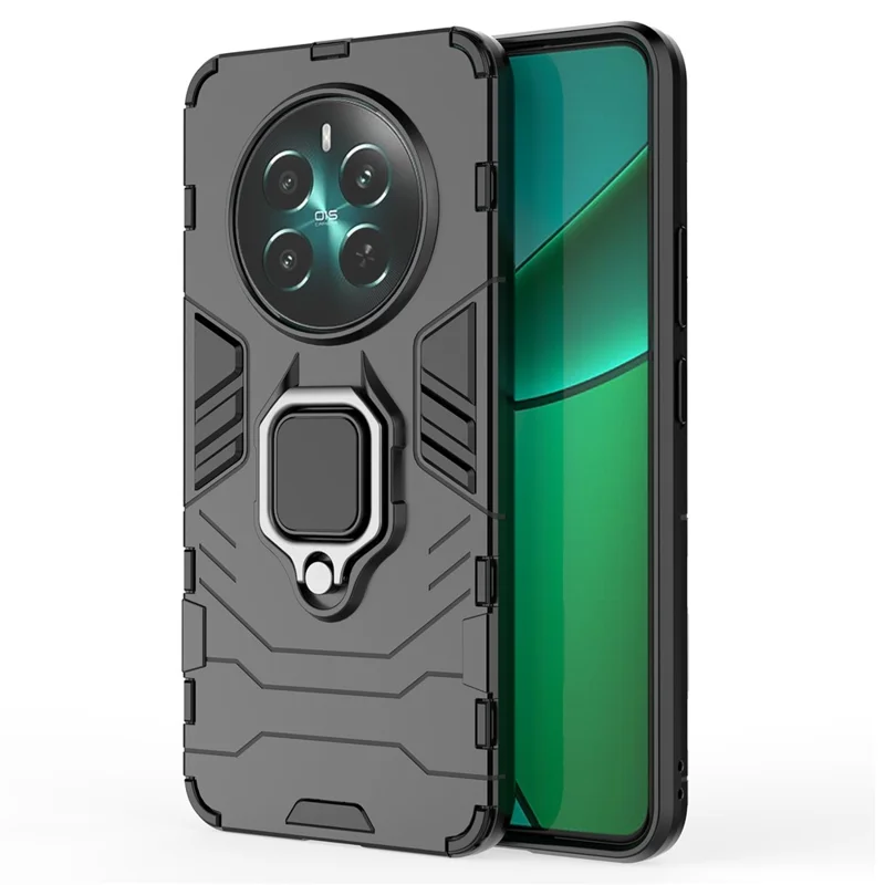 For Realme 12 4G / 12+ 5G Case Ring Kickstand PC+TPU Anti-Scratch Phone Cover - Black