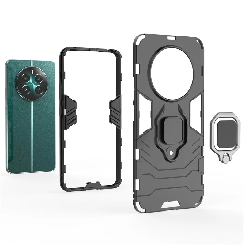 For Realme 12 4G / 12+ 5G Case Ring Kickstand PC+TPU Anti-Scratch Phone Cover - Black