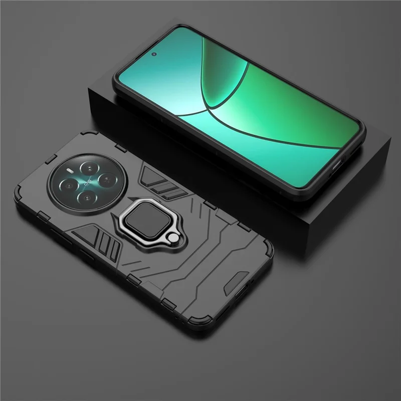 For Realme 12 4G / 12+ 5G Case Ring Kickstand PC+TPU Anti-Scratch Phone Cover - Black