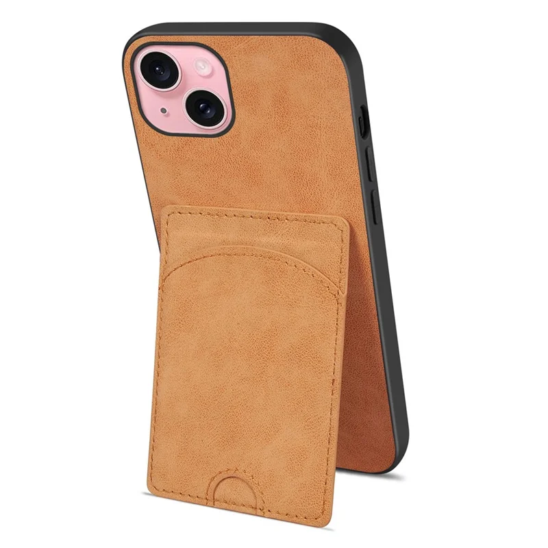 For iPhone 15 Kickstand Case Card Holder PU Leather Coated TPU Back Cover - Orange