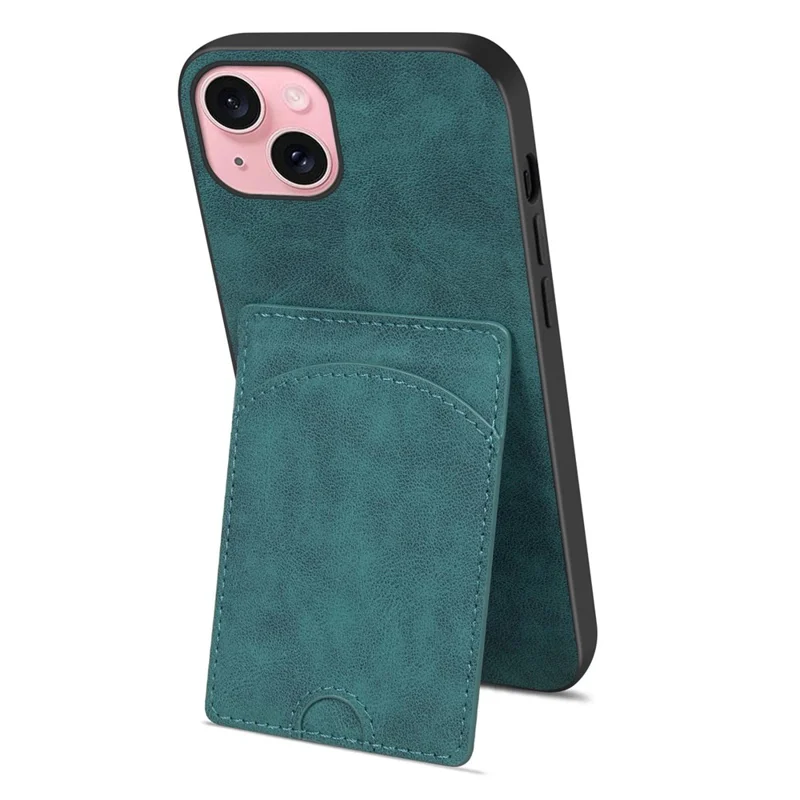 For iPhone 15 Kickstand Case Card Holder PU Leather Coated TPU Back Cover - Green