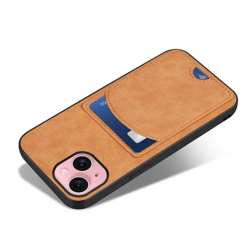 For iPhone 15 Kickstand Case Card Holder PU Leather Coated TPU Back Cover - Green