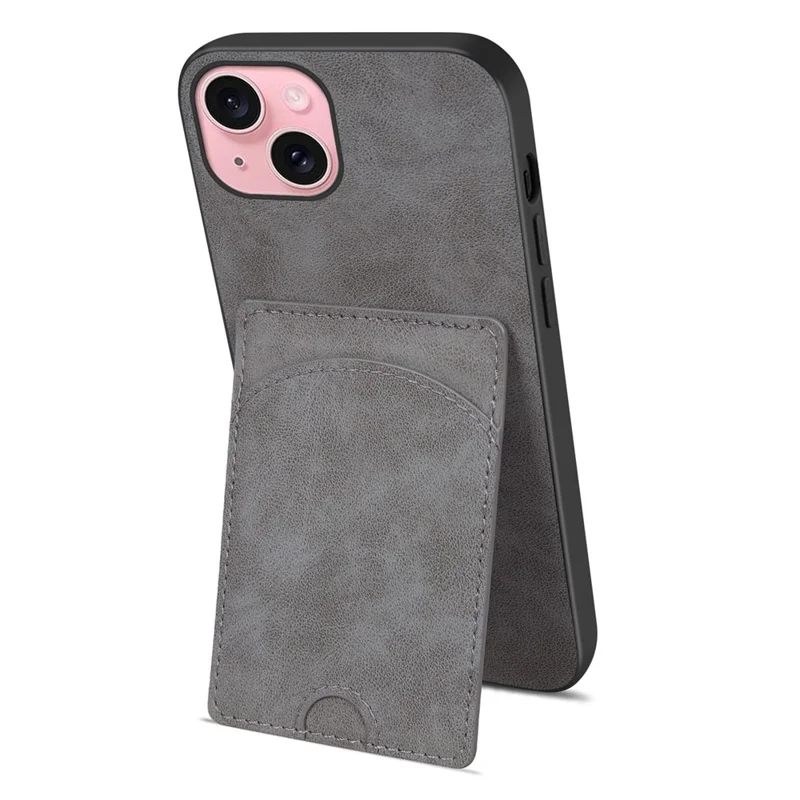 For iPhone 15 Kickstand Case Card Holder PU Leather Coated TPU Back Cover - Grey