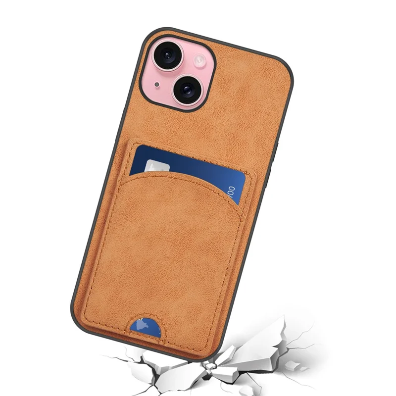 For iPhone 15 Kickstand Case Card Holder PU Leather Coated TPU Back Cover - Grey