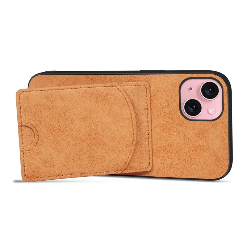 For iPhone 15 Kickstand Case Card Holder PU Leather Coated TPU Back Cover - Grey